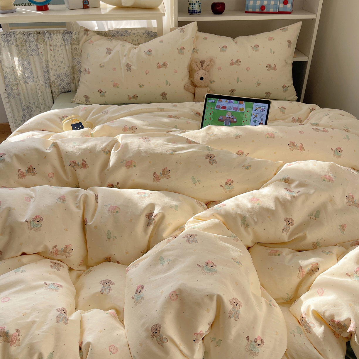 91家纺网 家纺一手货源 找家纺 耀悦家纺 2026新款40支a类全棉纯棉小清新卡通ins风博主风四件套 线喵苹果狗