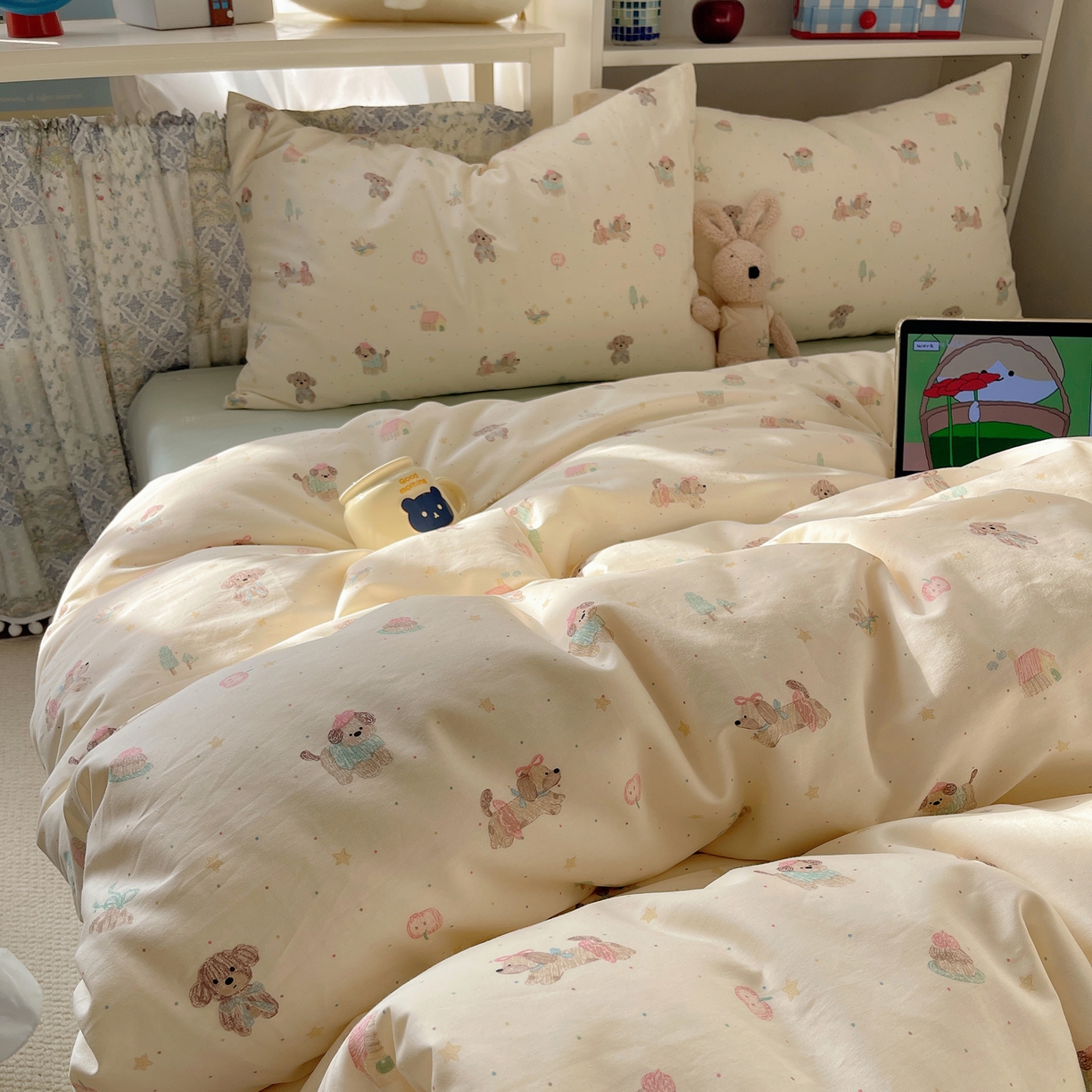 91家纺网 家纺一手货源 找家纺 耀悦家纺 2026新款40支a类全棉纯棉小清新卡通ins风博主风四件套 线喵苹果狗