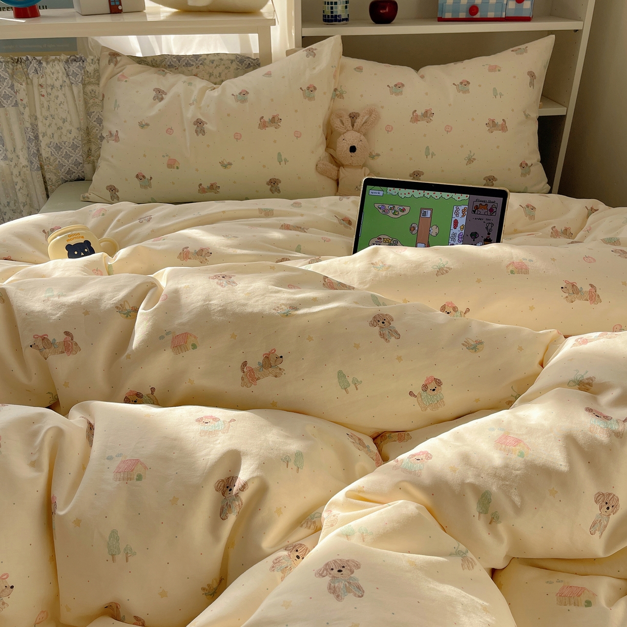 91家纺网 家纺一手货源 找家纺 耀悦家纺 2026新款40支a类全棉纯棉小清新卡通ins风博主风四件套 线喵苹果狗