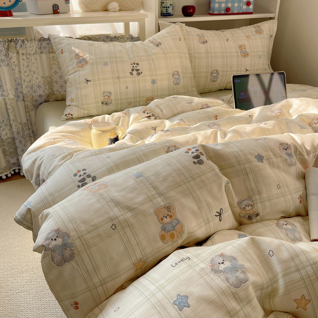 耀悦家纺 2026新款40支a类全棉纯棉小清新卡通ins风博主风四件套 绿格动物园