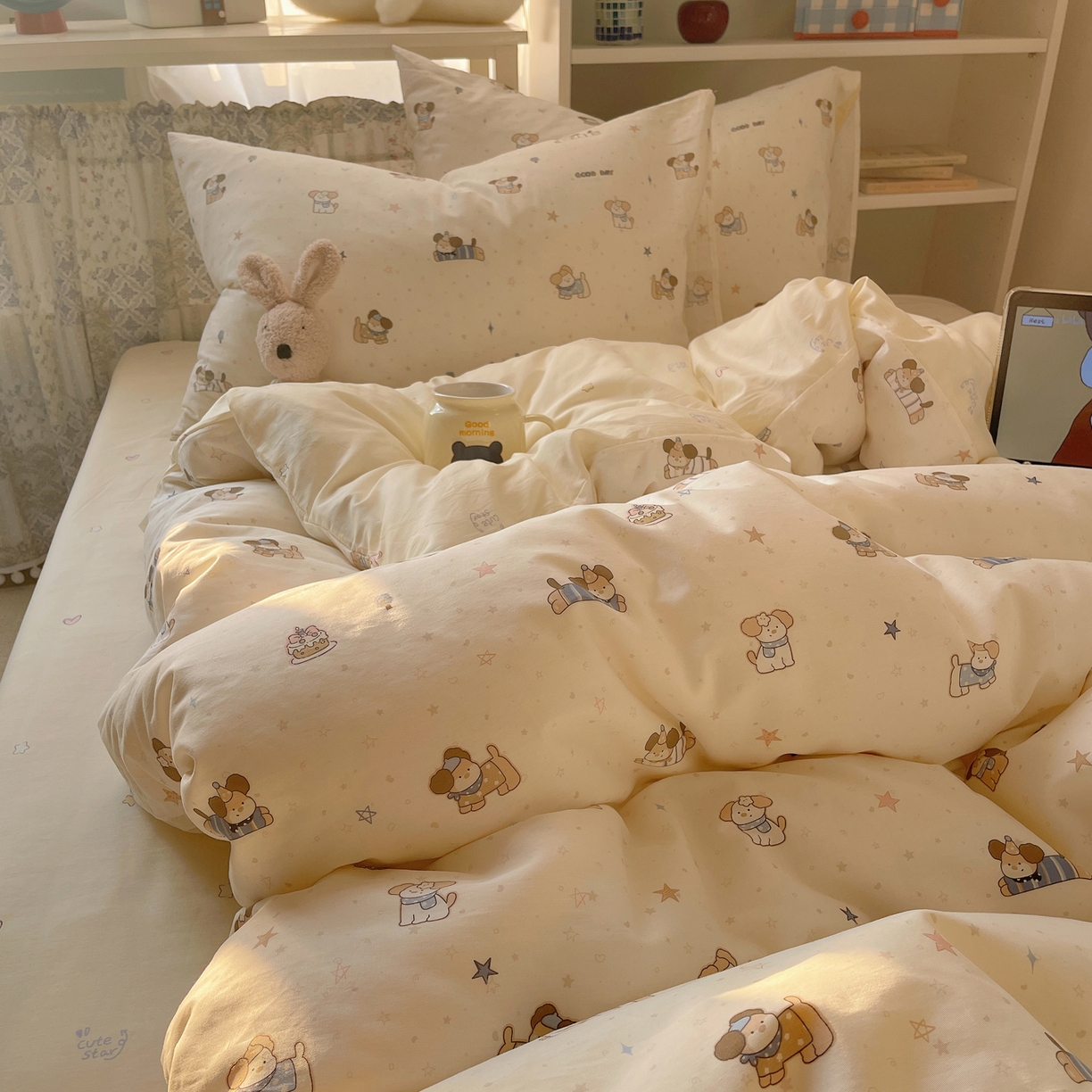 91家纺网 家纺一手货源 找家纺 耀悦家纺 2026新款40支a类全棉纯棉小清新卡通ins风博主风四件套 呆萌星星旺