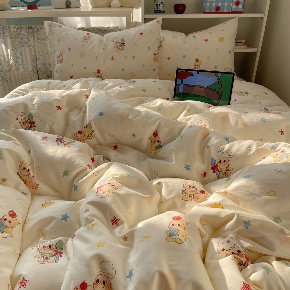 91家纺网 家纺一手货源 找家纺 耀悦家纺 2026新款40支a类全棉纯棉小清新卡通ins风博主风四件套 美食星人