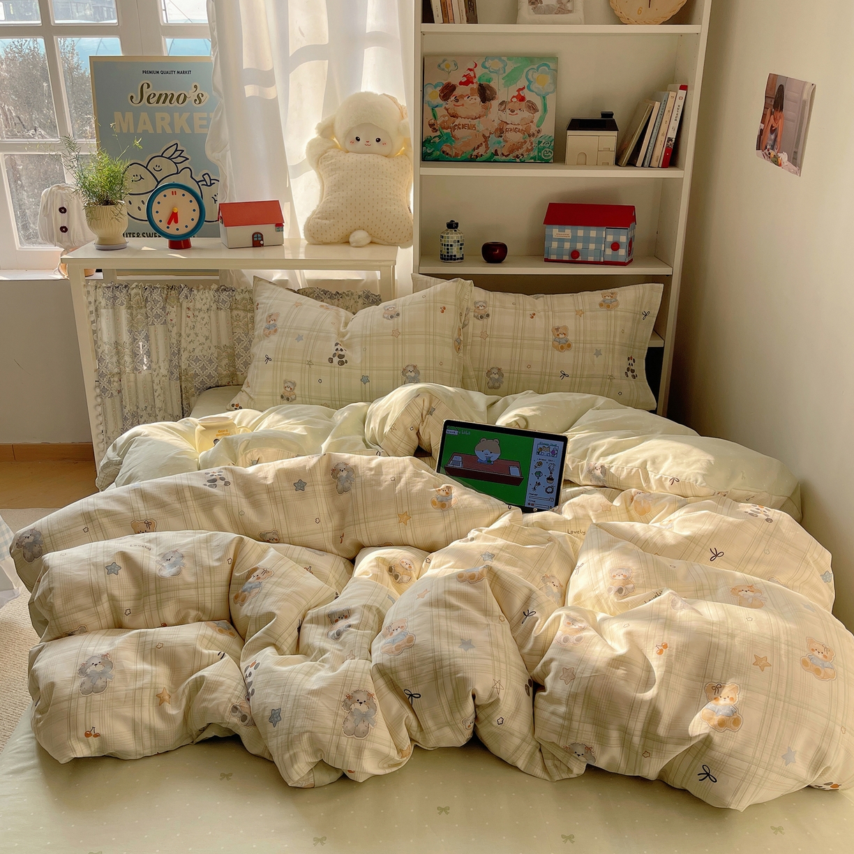 91家纺网 家纺一手货源 找家纺 耀悦家纺 2026新款40支a类全棉纯棉小清新卡通ins风博主风四件套 绿格动物园