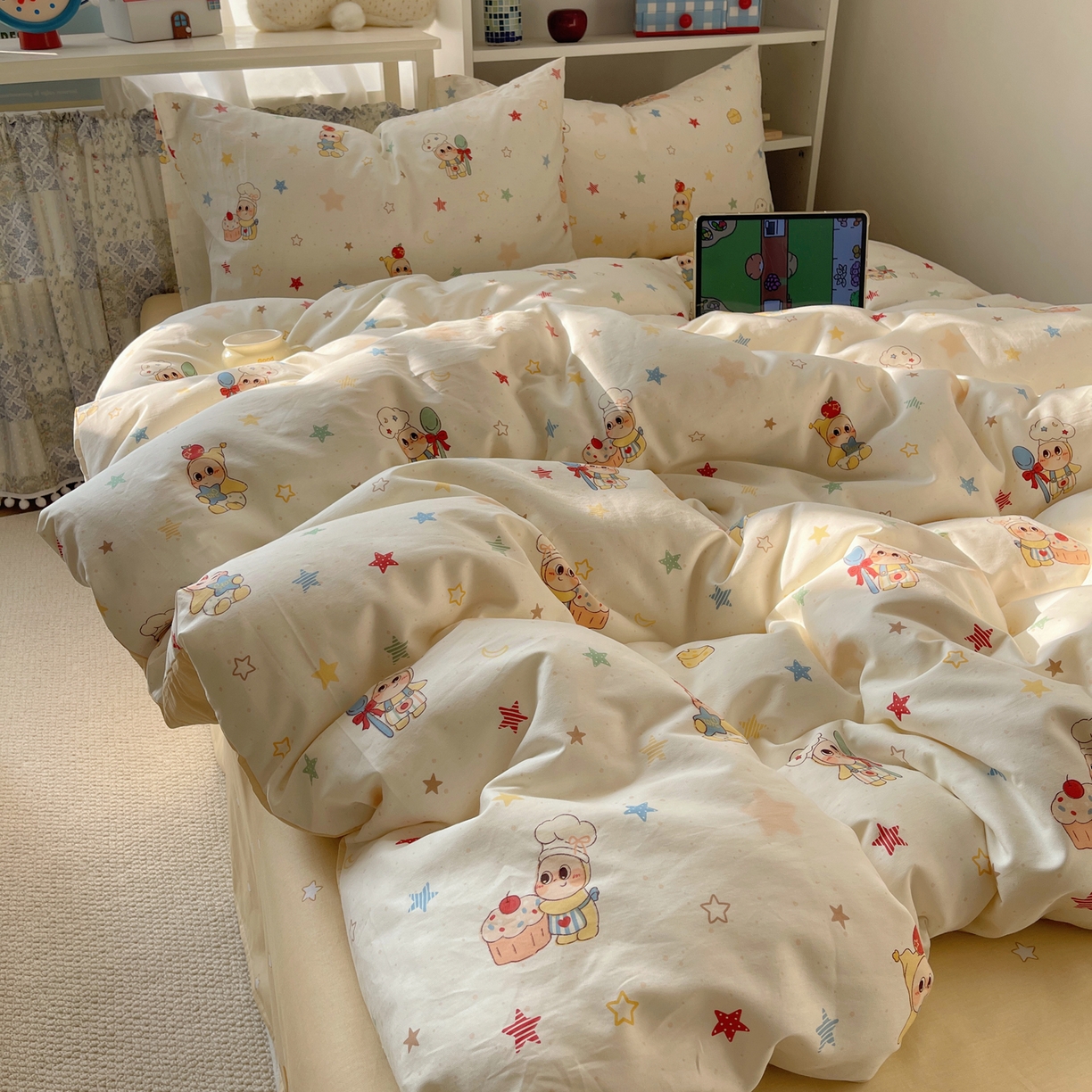 91家纺网 家纺一手货源 找家纺 耀悦家纺 2026新款40支a类全棉纯棉小清新卡通ins风博主风四件套 美食星人