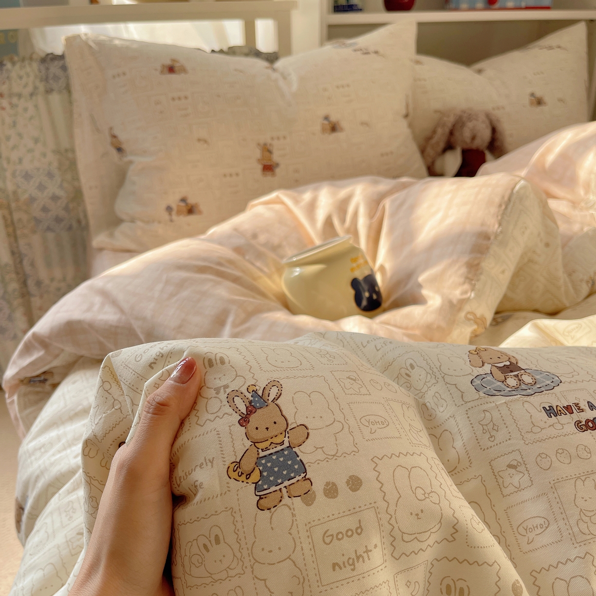 91家纺网 家纺一手货源 找家纺 耀悦家纺 2026新款40支a类全棉纯棉小清新卡通ins风博主风四件套 baby兔