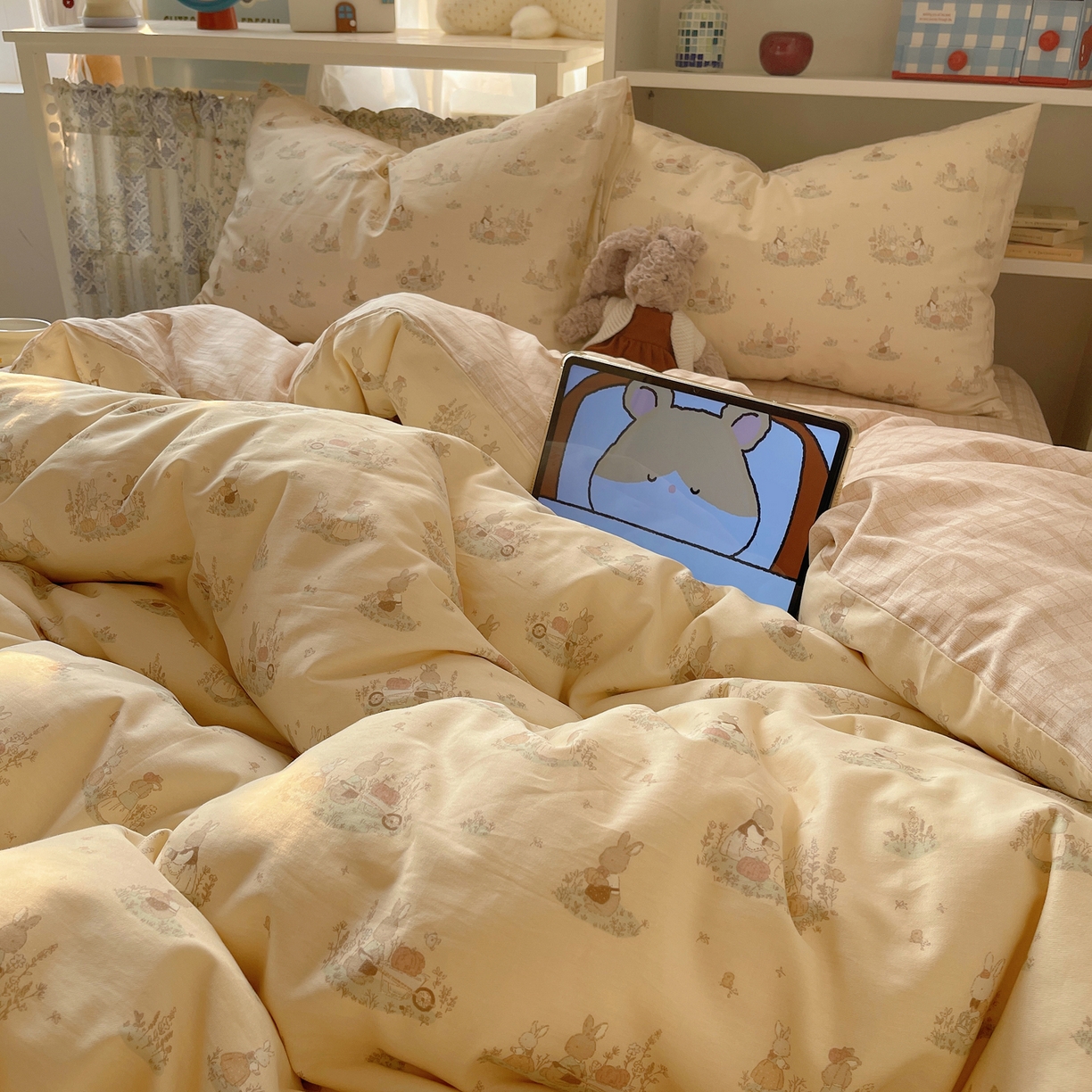 91家纺网 家纺一手货源 找家纺 耀悦家纺 2026新款40支a类全棉纯棉小清新卡通ins风博主风四件套 南瓜田园兔