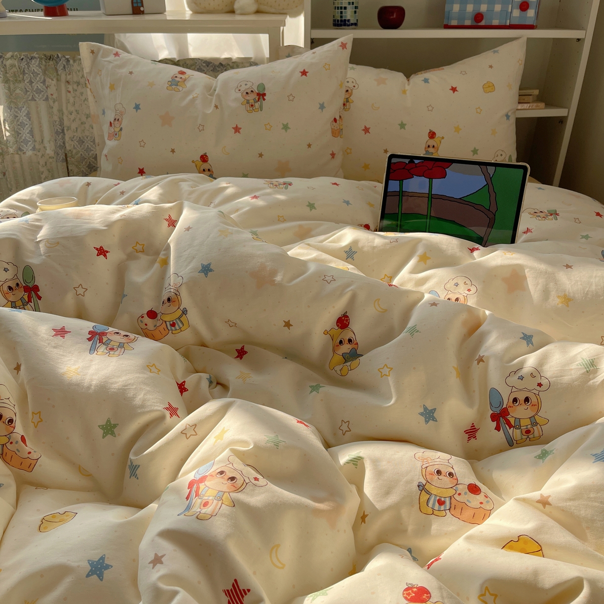 91家纺网 家纺一手货源 找家纺 耀悦家纺 2026新款40支a类全棉纯棉小清新卡通ins风博主风四件套 美食星人