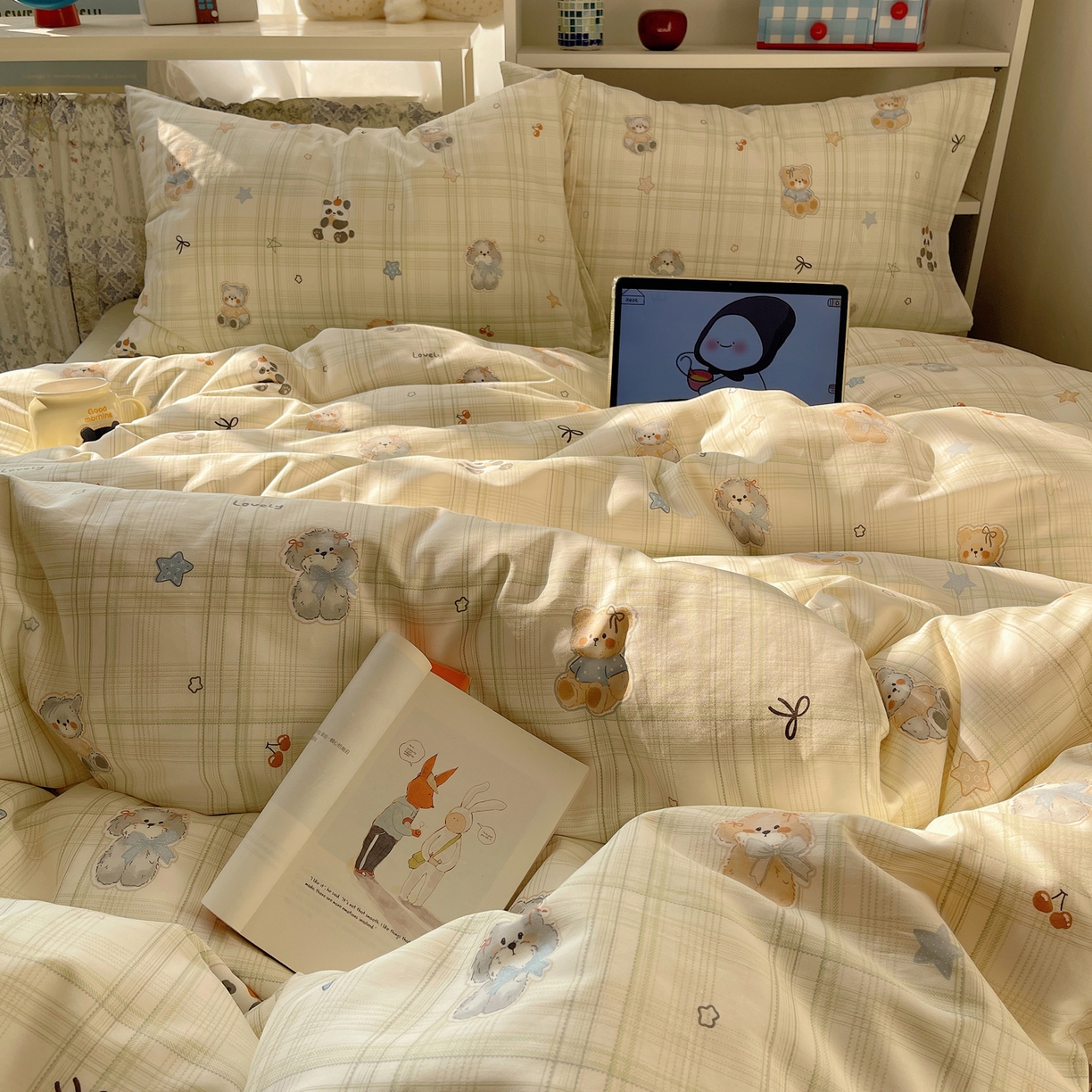 91家纺网 家纺一手货源 找家纺 耀悦家纺 2026新款40支a类全棉纯棉小清新卡通ins风博主风四件套 绿格动物园