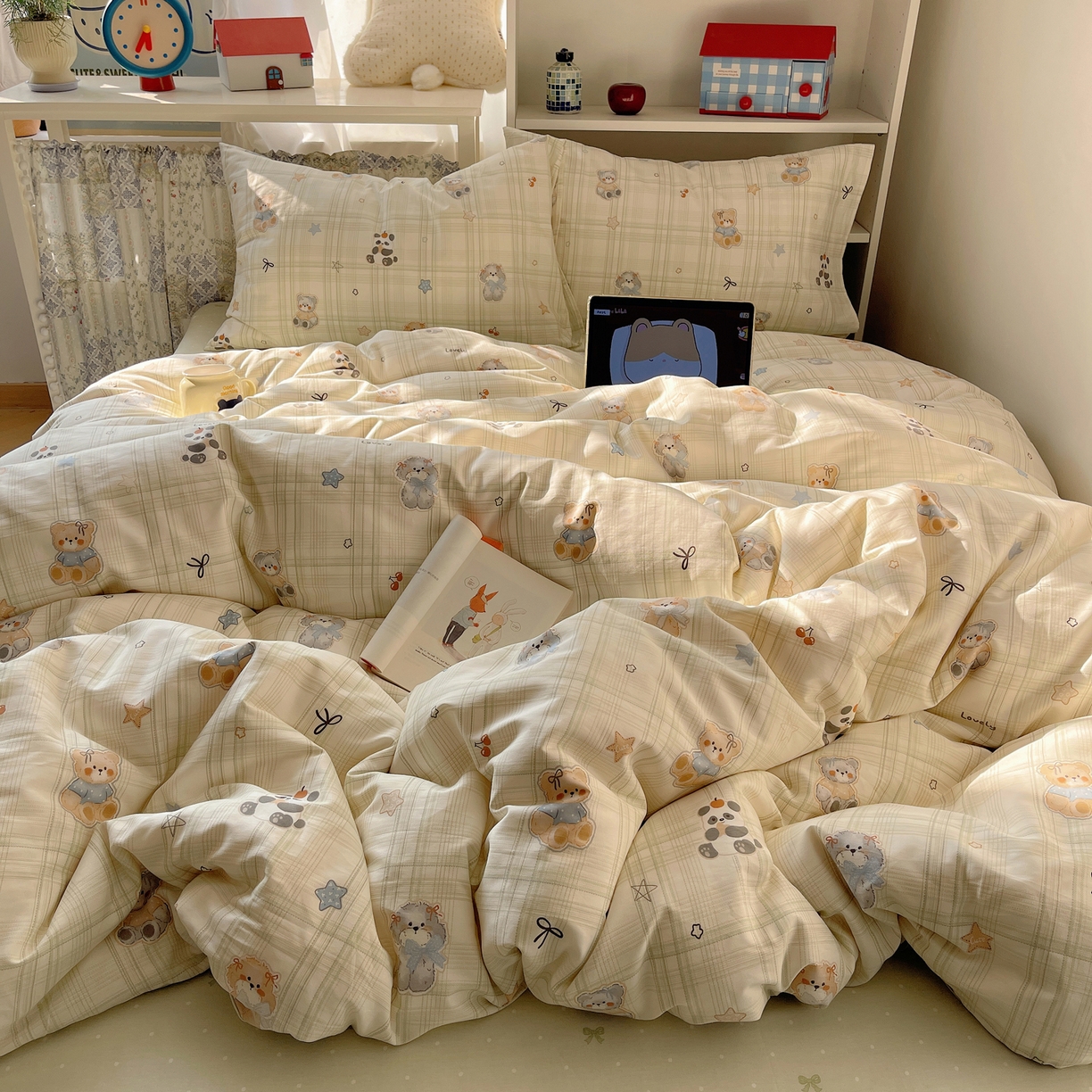 91家纺网 家纺一手货源 找家纺 耀悦家纺 2026新款40支a类全棉纯棉小清新卡通ins风博主风四件套 绿格动物园