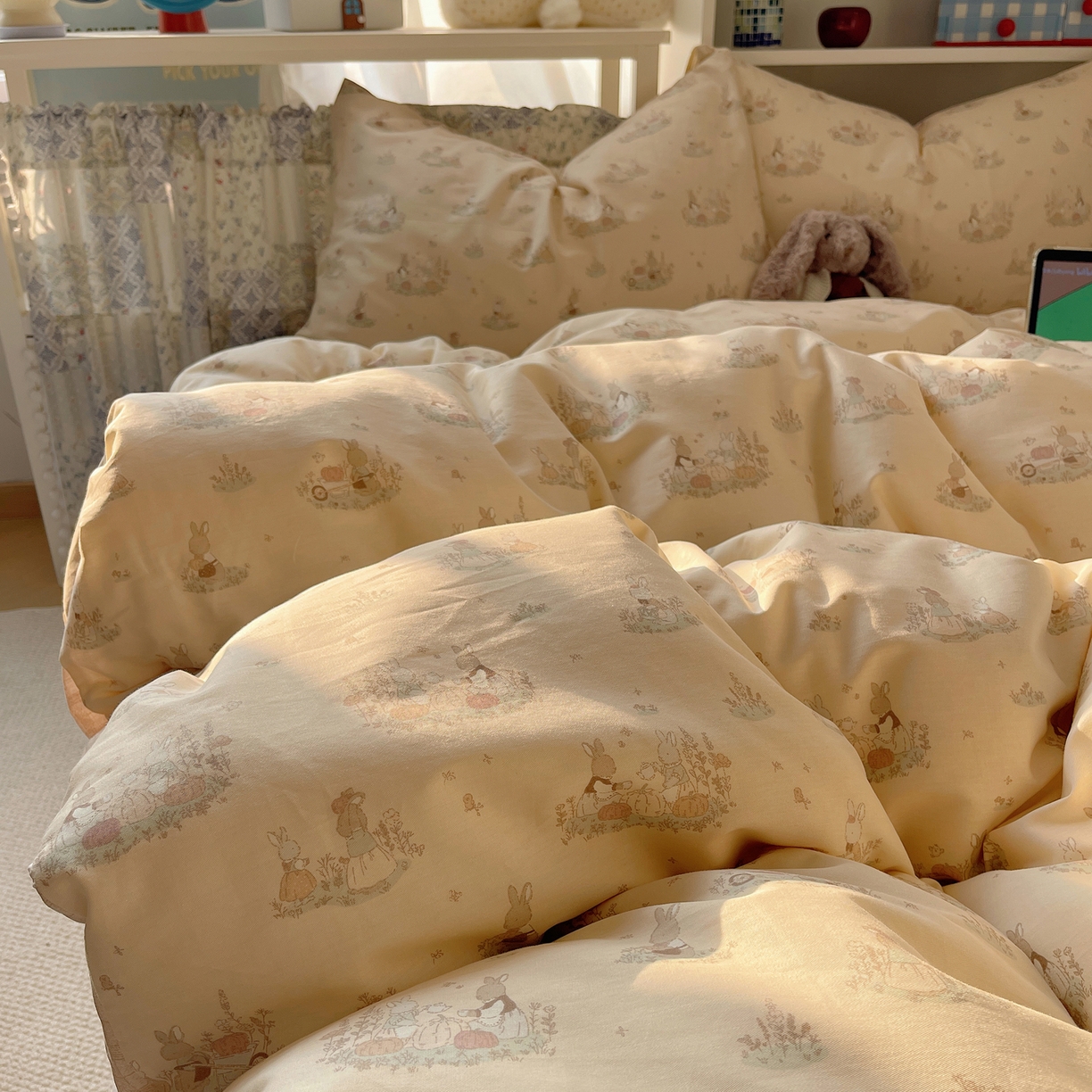 91家纺网 家纺一手货源 找家纺 耀悦家纺 2026新款40支a类全棉纯棉小清新卡通ins风博主风四件套 南瓜田园兔