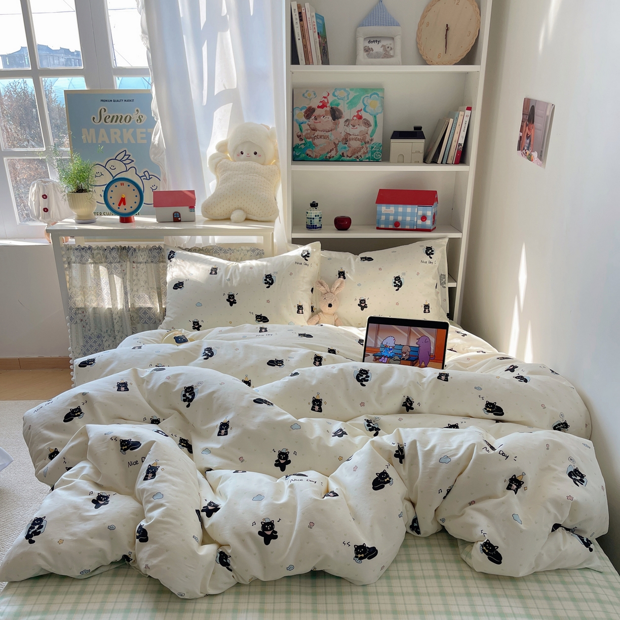 91家纺网 家纺一手货源 找家纺 耀悦家纺 2026新款40支a类全棉纯棉小清新卡通ins风博主风四件套 调皮小黑喵