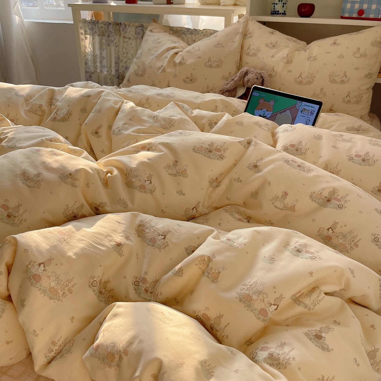 91家纺网 家纺一手货源 找家纺 耀悦家纺 2026新款40支a类全棉纯棉小清新卡通ins风博主风四件套 南瓜田园兔