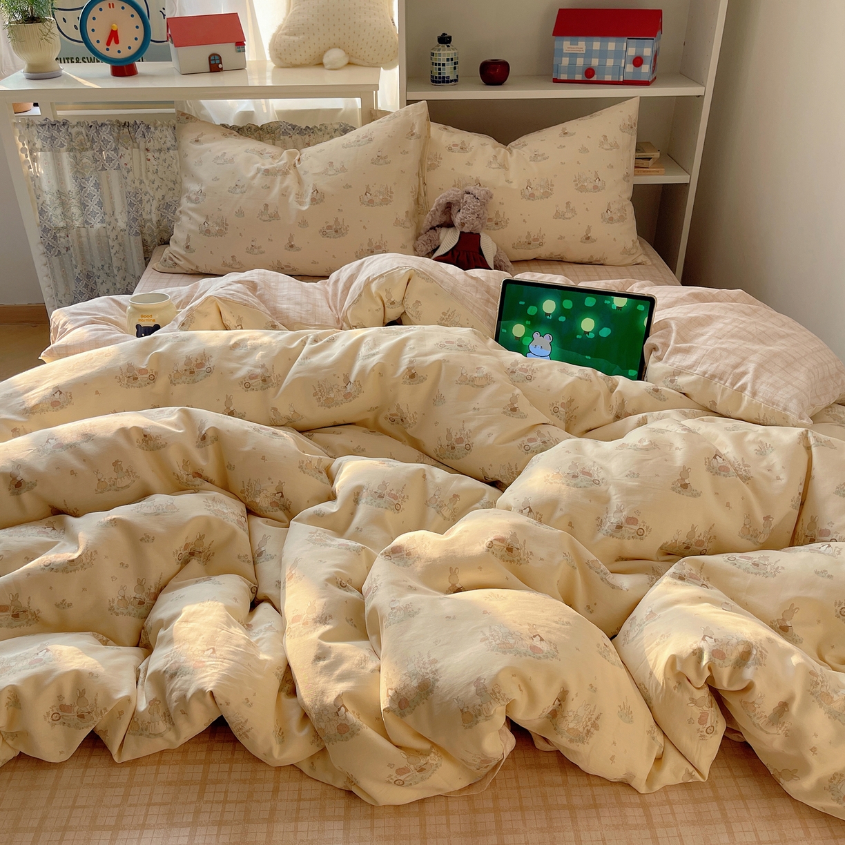 91家纺网 家纺一手货源 找家纺 耀悦家纺 2026新款40支a类全棉纯棉小清新卡通ins风博主风四件套 南瓜田园兔