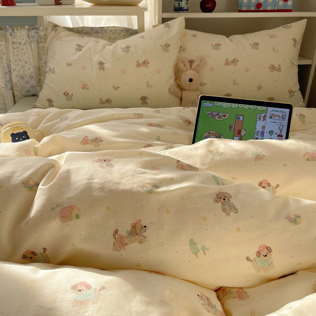 91家纺网 家纺一手货源 找家纺 耀悦家纺 2026新款40支a类全棉纯棉小清新卡通ins风博主风四件套 线喵苹果狗