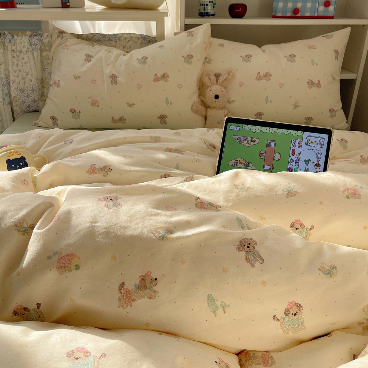 91家纺网 家纺一手货源 找家纺 耀悦家纺 2026新款40支a类全棉纯棉小清新卡通ins风博主风四件套 线喵苹果狗