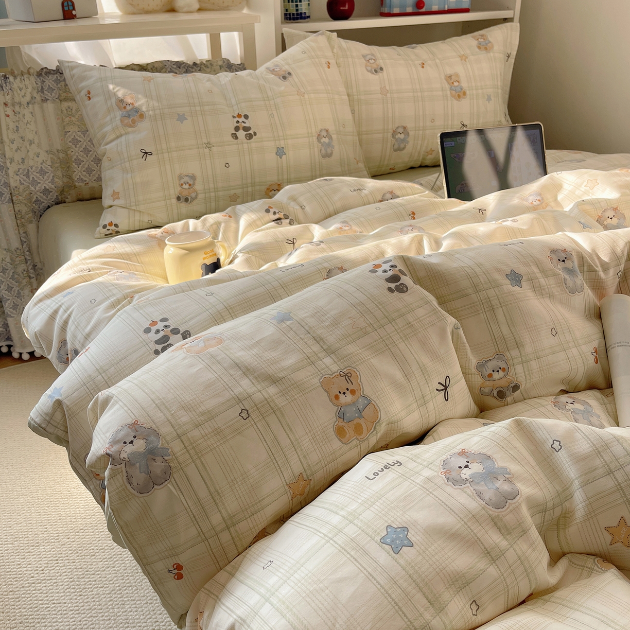 91家纺网 家纺一手货源 找家纺 耀悦家纺 2026新款40支a类全棉纯棉小清新卡通ins风博主风四件套 绿格动物园