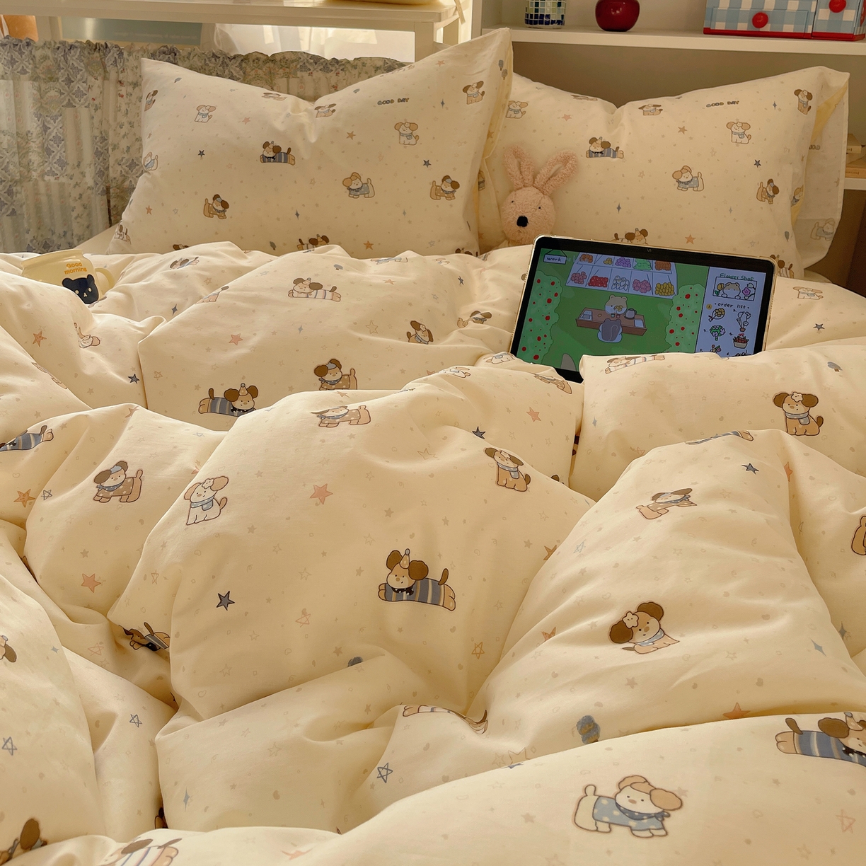 91家纺网 家纺一手货源 找家纺 耀悦家纺 2026新款40支a类全棉纯棉小清新卡通ins风博主风四件套 呆萌星星旺