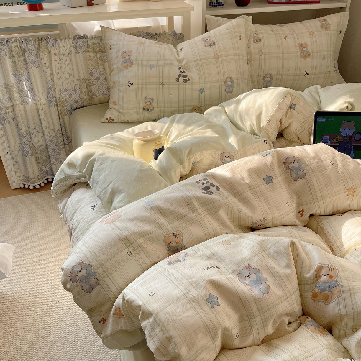 91家纺网 家纺一手货源 找家纺 耀悦家纺 2026新款40支a类全棉纯棉小清新卡通ins风博主风四件套 绿格动物园