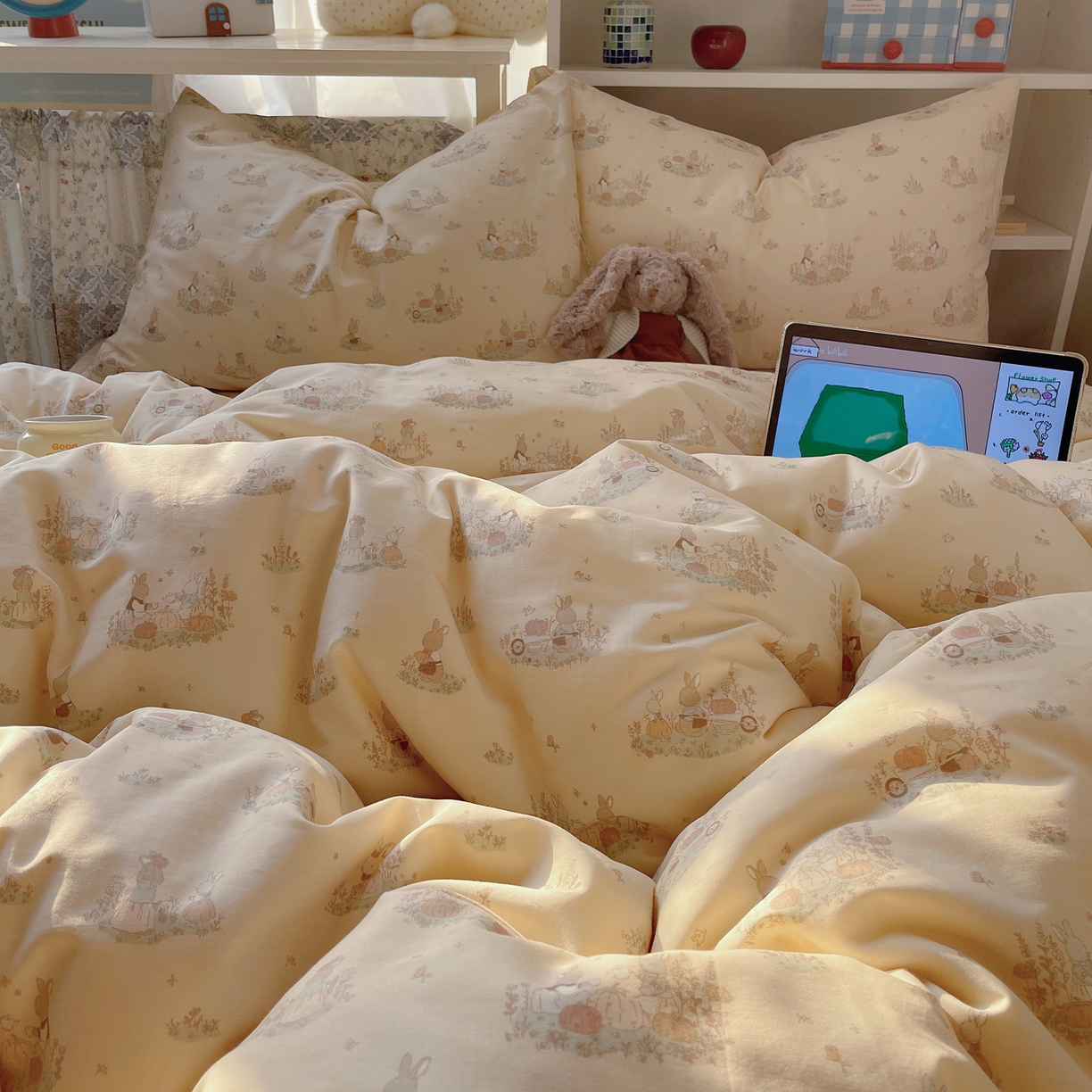 91家纺网 家纺一手货源 找家纺 耀悦家纺 2026新款40支a类全棉纯棉小清新卡通ins风博主风四件套 南瓜田园兔