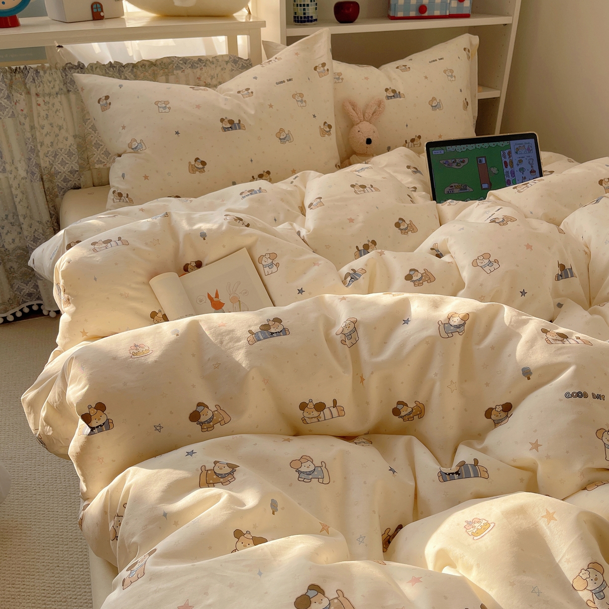 91家纺网 家纺一手货源 找家纺 耀悦家纺 2026新款40支a类全棉纯棉小清新卡通ins风博主风四件套 呆萌星星旺