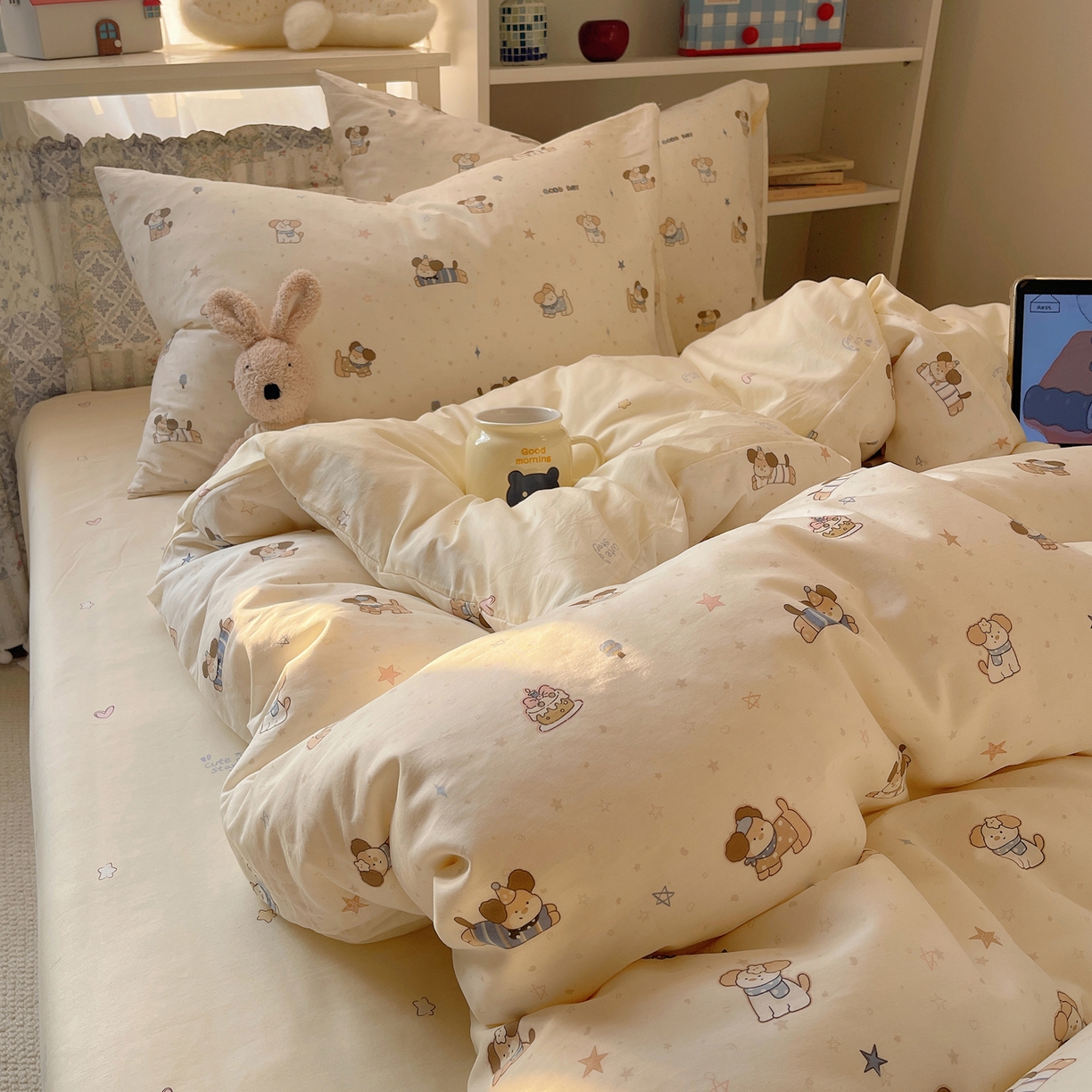 91家纺网 家纺一手货源 找家纺 耀悦家纺 2026新款40支a类全棉纯棉小清新卡通ins风博主风四件套 呆萌星星旺