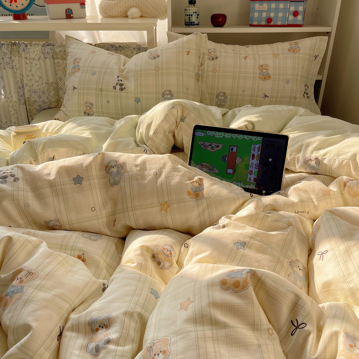 91家纺网 家纺一手货源 找家纺 耀悦家纺 2026新款40支a类全棉纯棉小清新卡通ins风博主风四件套 绿格动物园