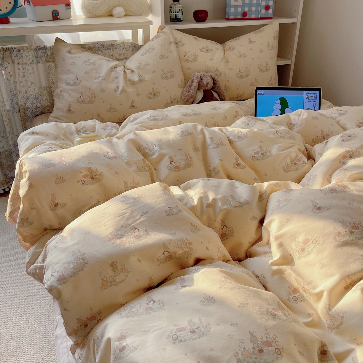 耀悦家纺 2026新款40支a类全棉纯棉小清新卡通ins风博主风四件套 南瓜田园兔