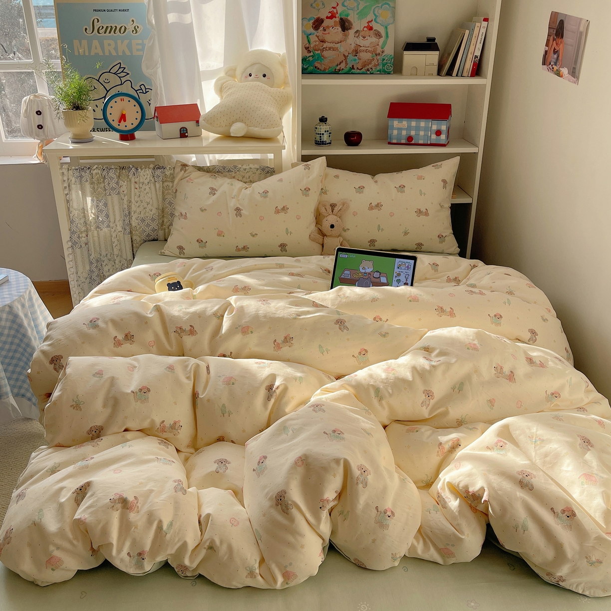 91家纺网 家纺一手货源 找家纺 耀悦家纺 2026新款40支a类全棉纯棉小清新卡通ins风博主风四件套 线喵苹果狗