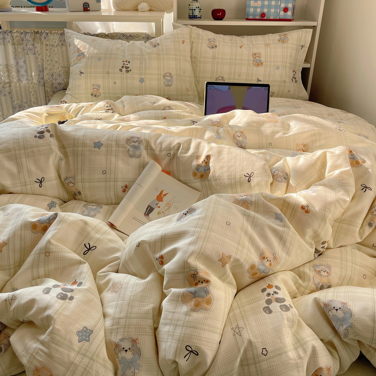 91家纺网 家纺一手货源 找家纺 耀悦家纺 2026新款40支a类全棉纯棉小清新卡通ins风博主风四件套 绿格动物园