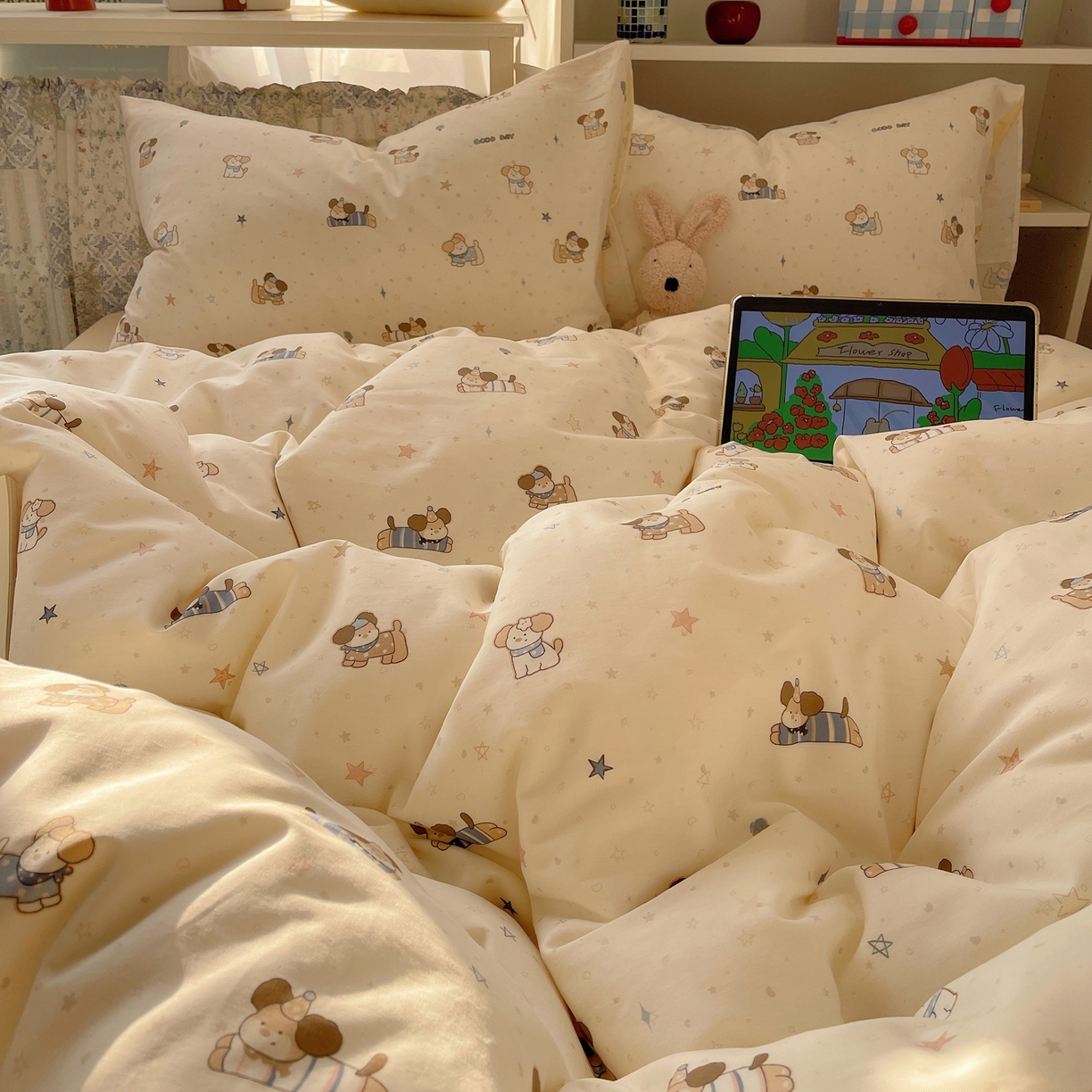 91家纺网 家纺一手货源 找家纺 耀悦家纺 2026新款40支a类全棉纯棉小清新卡通ins风博主风四件套 呆萌星星旺