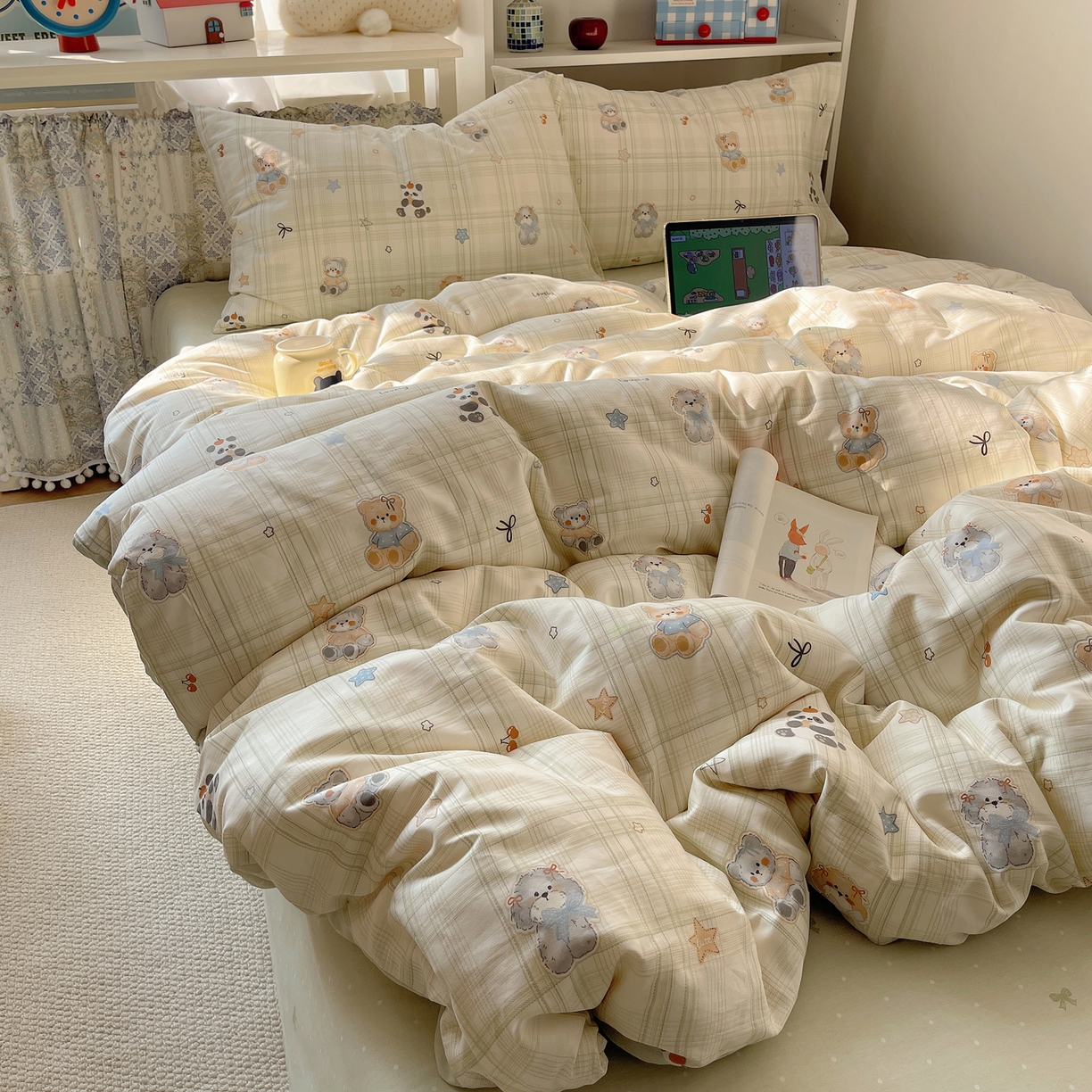 91家纺网 家纺一手货源 找家纺 耀悦家纺 2026新款40支a类全棉纯棉小清新卡通ins风博主风四件套 绿格动物园