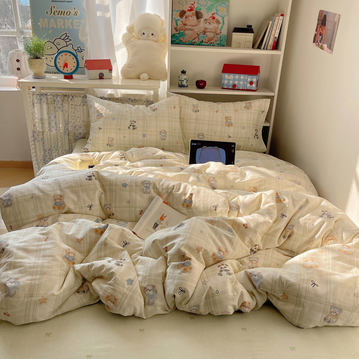 91家纺网 家纺一手货源 找家纺 耀悦家纺 2026新款40支a类全棉纯棉小清新卡通ins风博主风四件套 绿格动物园