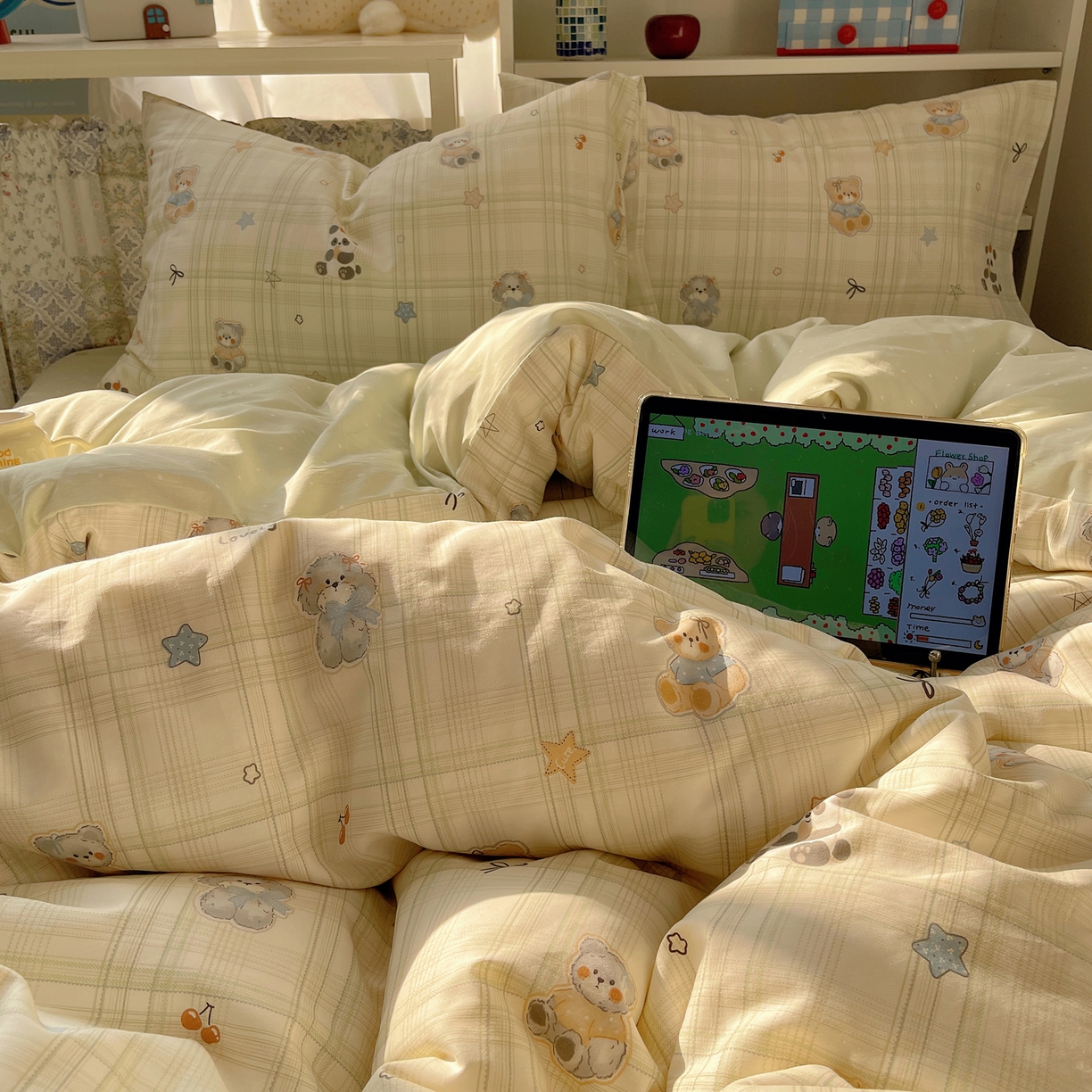 91家纺网 家纺一手货源 找家纺 耀悦家纺 2026新款40支a类全棉纯棉小清新卡通ins风博主风四件套 绿格动物园