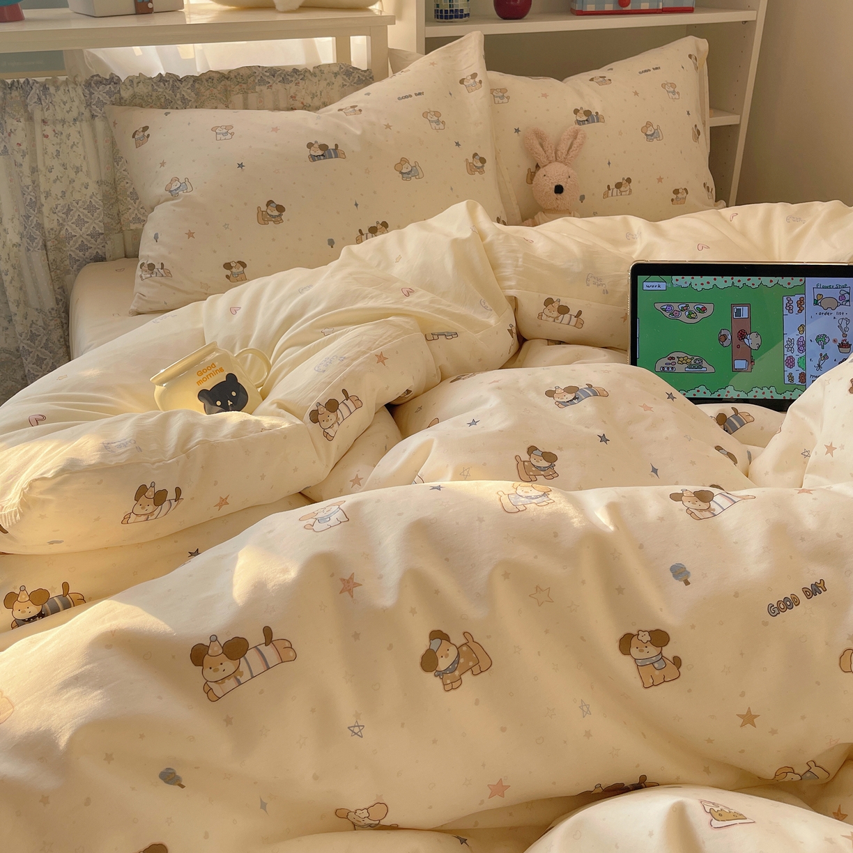 91家纺网 家纺一手货源 找家纺 耀悦家纺 2026新款40支a类全棉纯棉小清新卡通ins风博主风四件套 呆萌星星旺