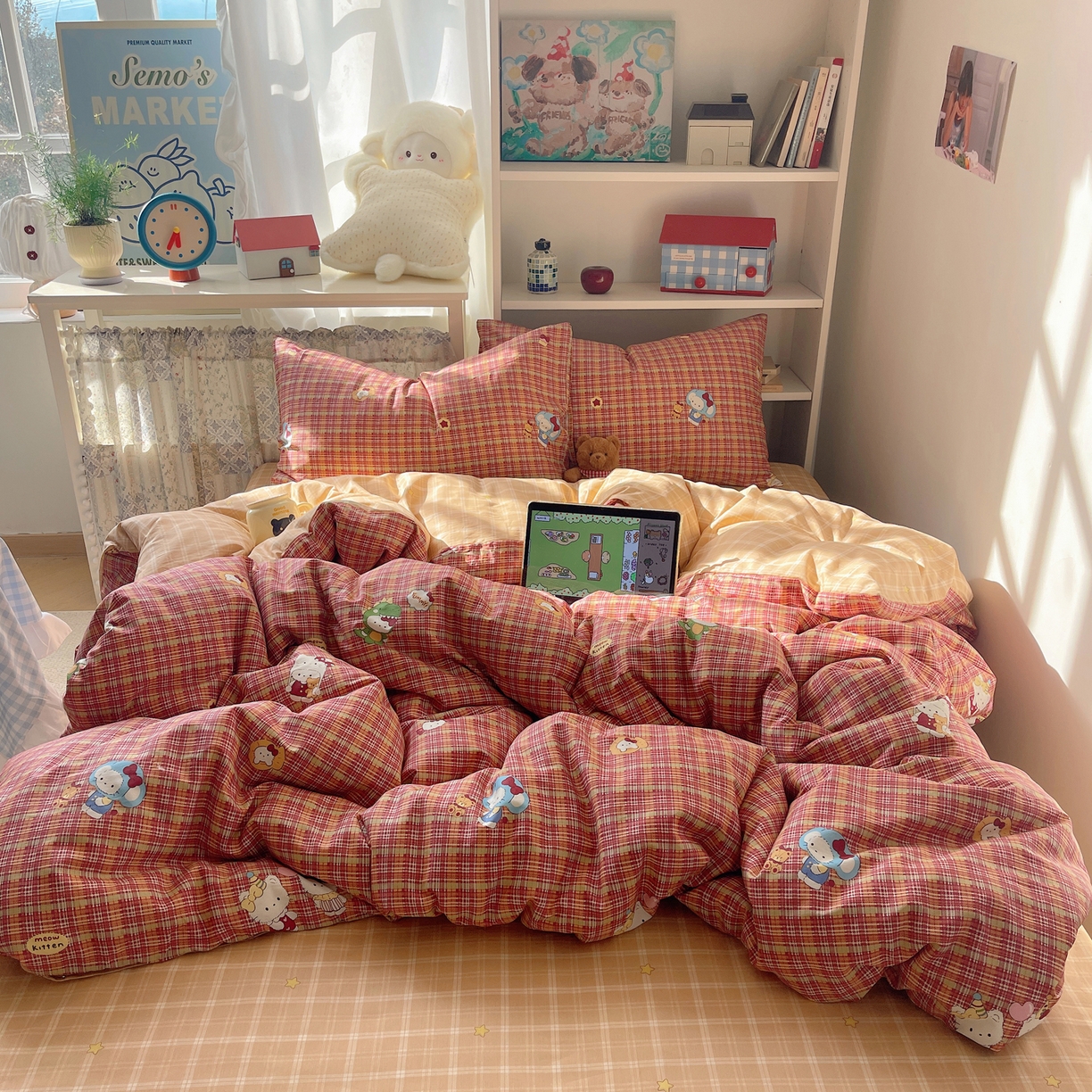 91家纺网 家纺一手货源 找家纺 耀悦家纺 2026新款40支a类全棉纯棉小清新卡通ins风博主风四件套 红格恐龙喵