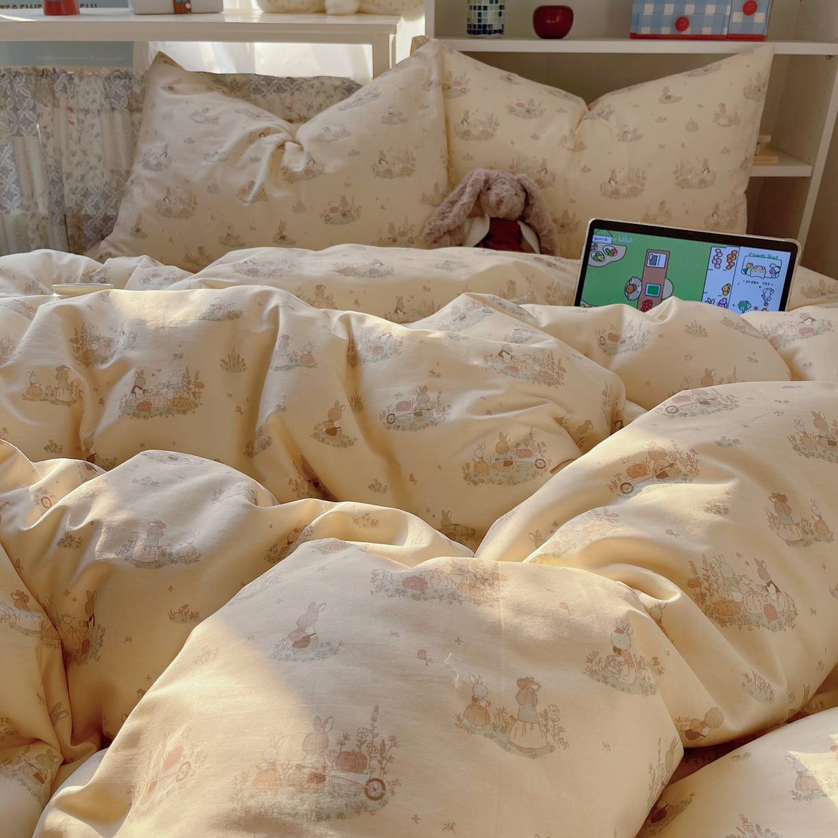 91家纺网 家纺一手货源 找家纺 耀悦家纺 2026新款40支a类全棉纯棉小清新卡通ins风博主风四件套 南瓜田园兔