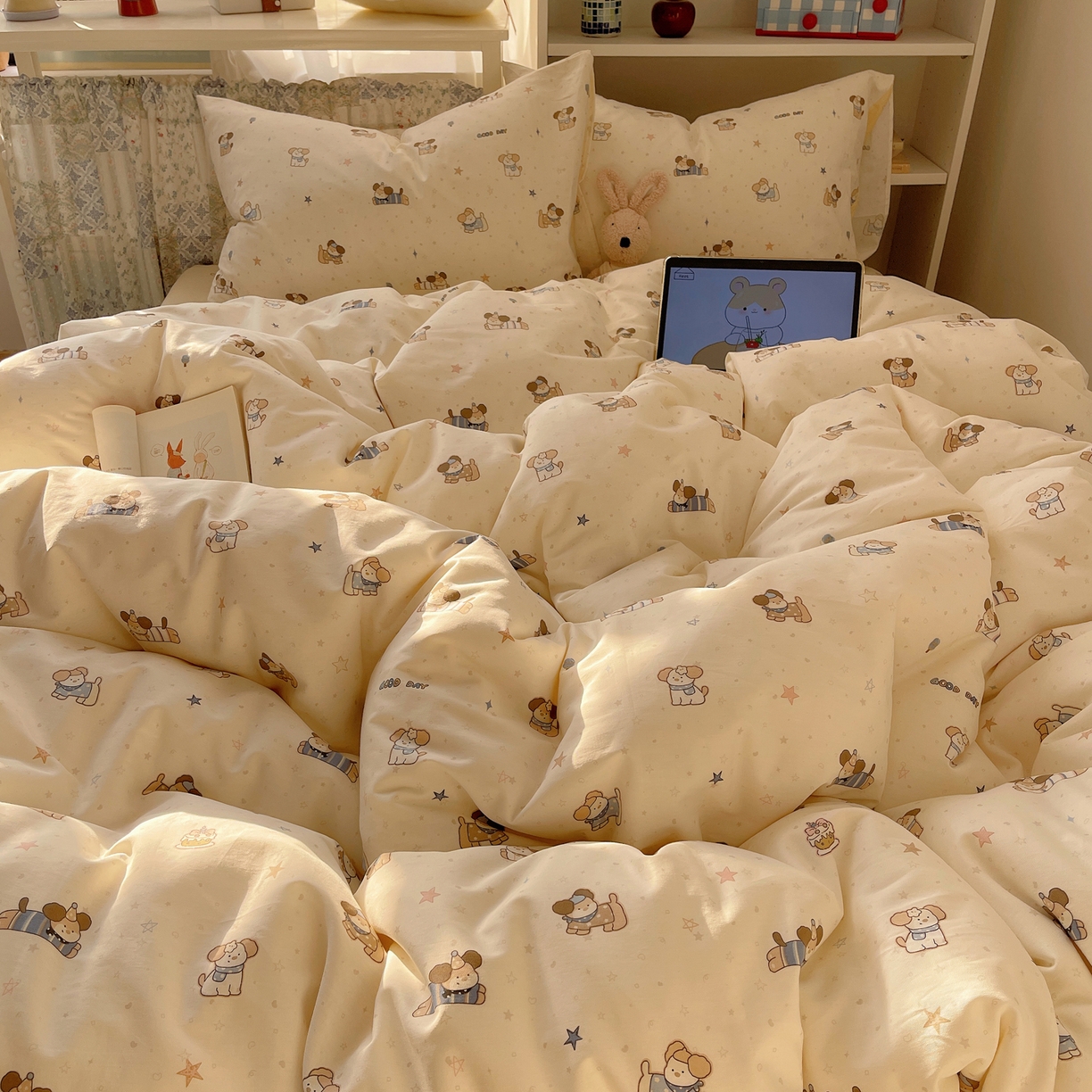 91家纺网 家纺一手货源 找家纺 耀悦家纺 2026新款40支a类全棉纯棉小清新卡通ins风博主风四件套 呆萌星星旺