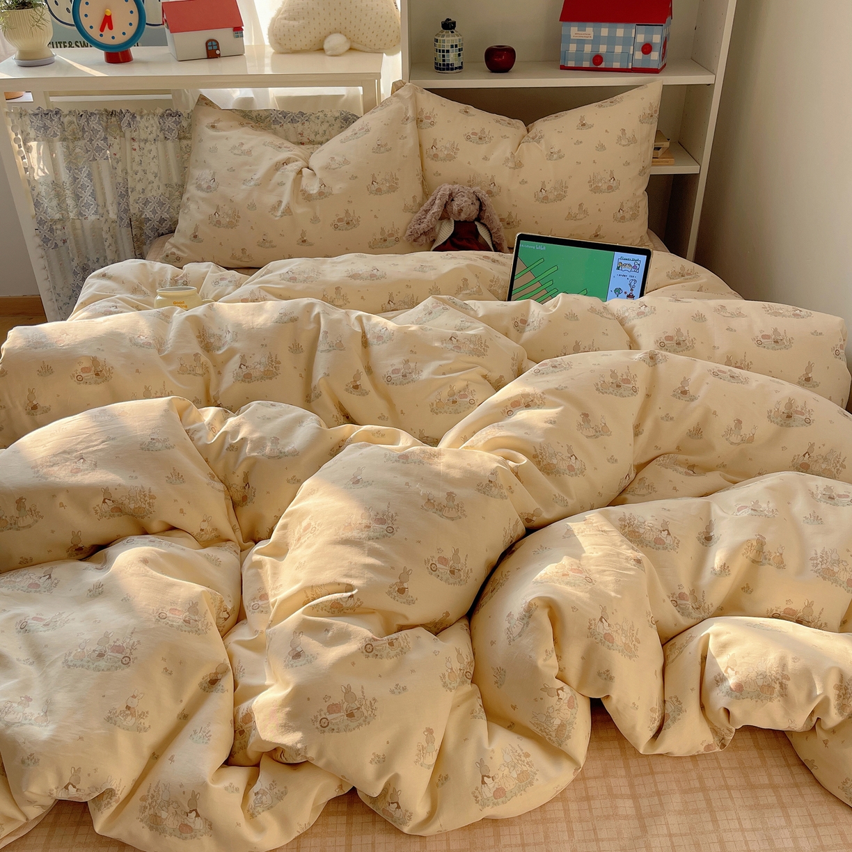 91家纺网 家纺一手货源 找家纺 耀悦家纺 2026新款40支a类全棉纯棉小清新卡通ins风博主风四件套 南瓜田园兔