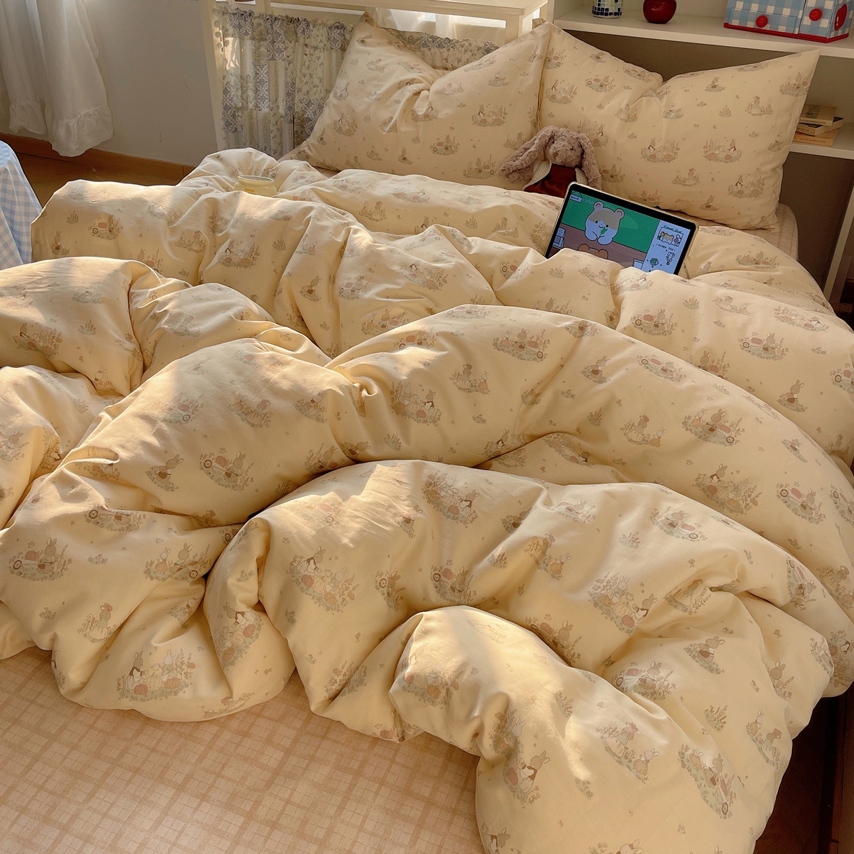 91家纺网 家纺一手货源 找家纺 耀悦家纺 2026新款40支a类全棉纯棉小清新卡通ins风博主风四件套 南瓜田园兔