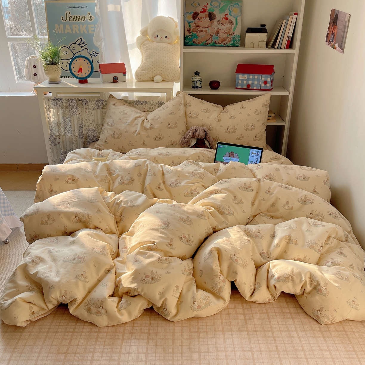 91家纺网 家纺一手货源 找家纺 耀悦家纺 2026新款40支a类全棉纯棉小清新卡通ins风博主风四件套 南瓜田园兔