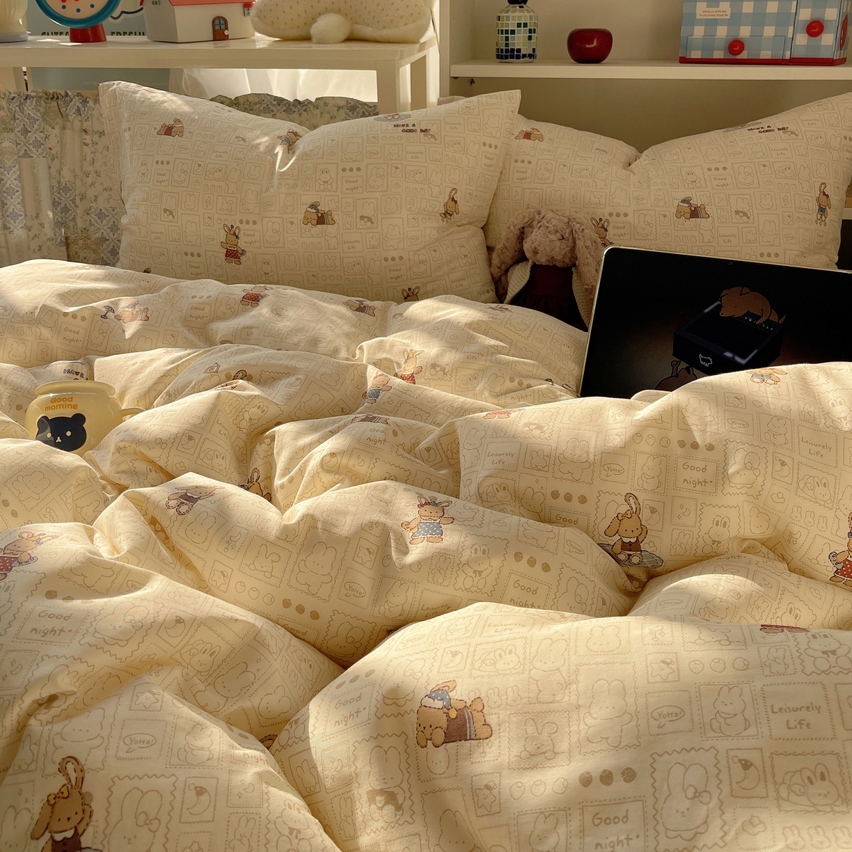 91家纺网 家纺一手货源 找家纺 耀悦家纺 2026新款40支a类全棉纯棉小清新卡通ins风博主风四件套 baby兔