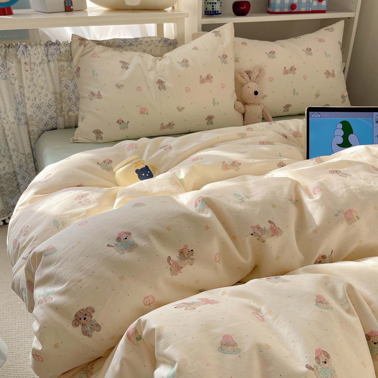 91家纺网 家纺一手货源 找家纺 耀悦家纺 2026新款40支a类全棉纯棉小清新卡通ins风博主风四件套 线喵苹果狗