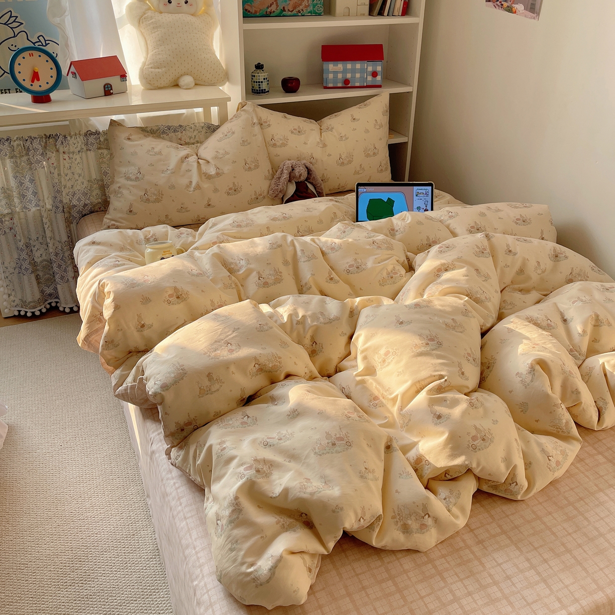 91家纺网 家纺一手货源 找家纺 耀悦家纺 2026新款40支a类全棉纯棉小清新卡通ins风博主风四件套 南瓜田园兔