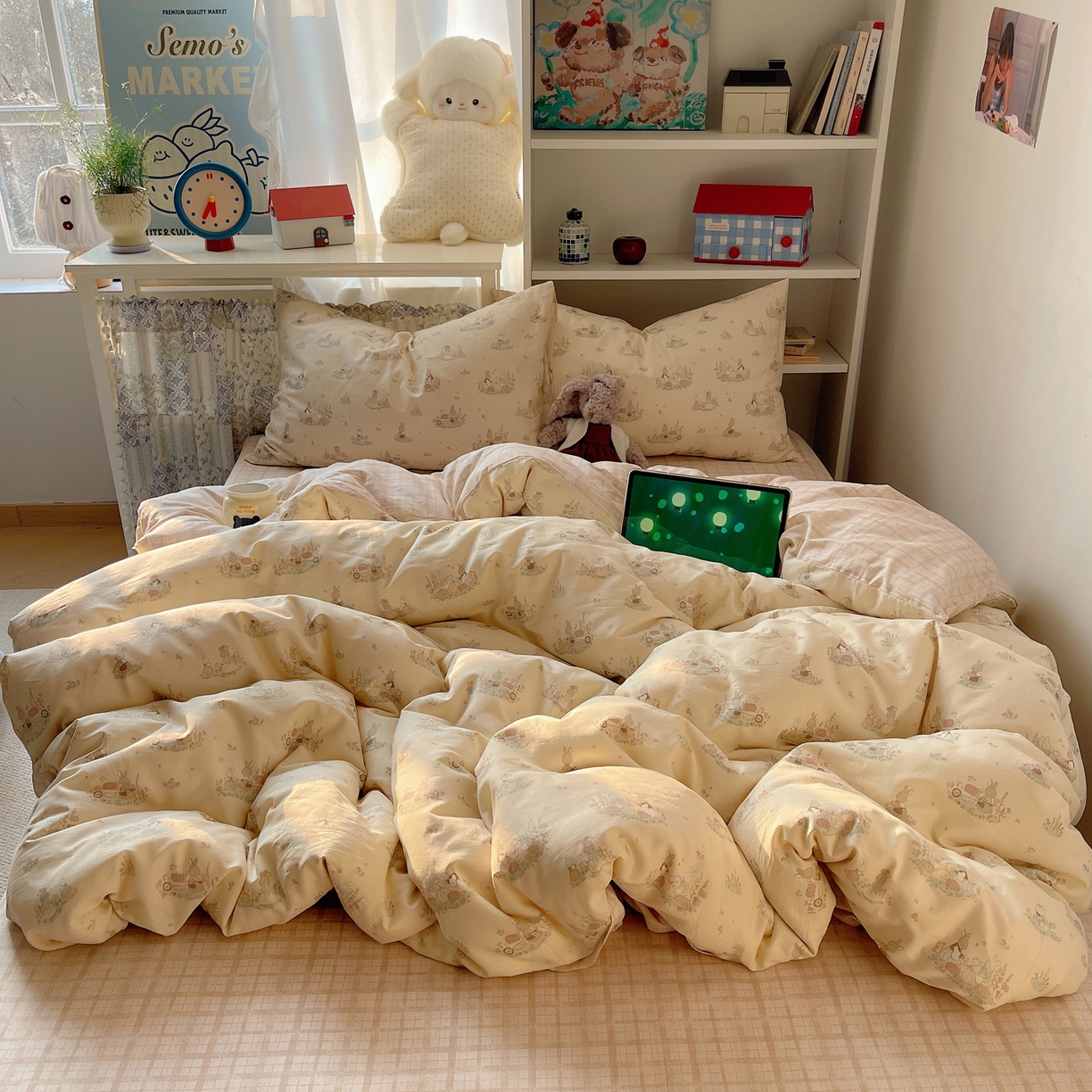 91家纺网 家纺一手货源 找家纺 耀悦家纺 2026新款40支a类全棉纯棉小清新卡通ins风博主风四件套 南瓜田园兔