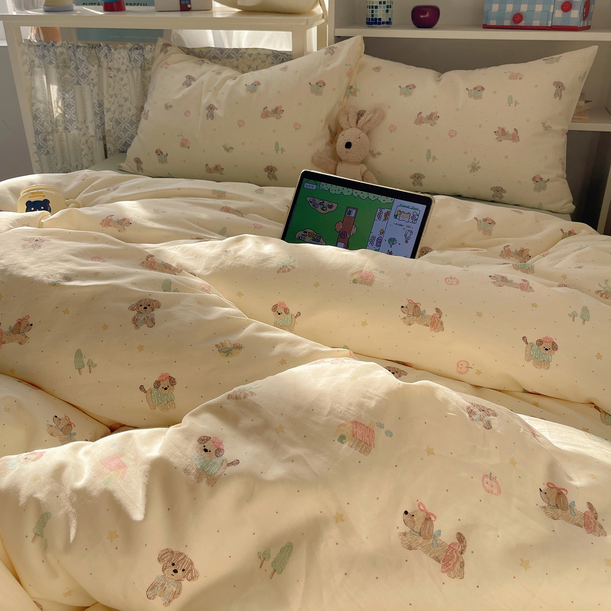 91家纺网 家纺一手货源 找家纺 耀悦家纺 2026新款40支a类全棉纯棉小清新卡通ins风博主风四件套 线喵苹果狗