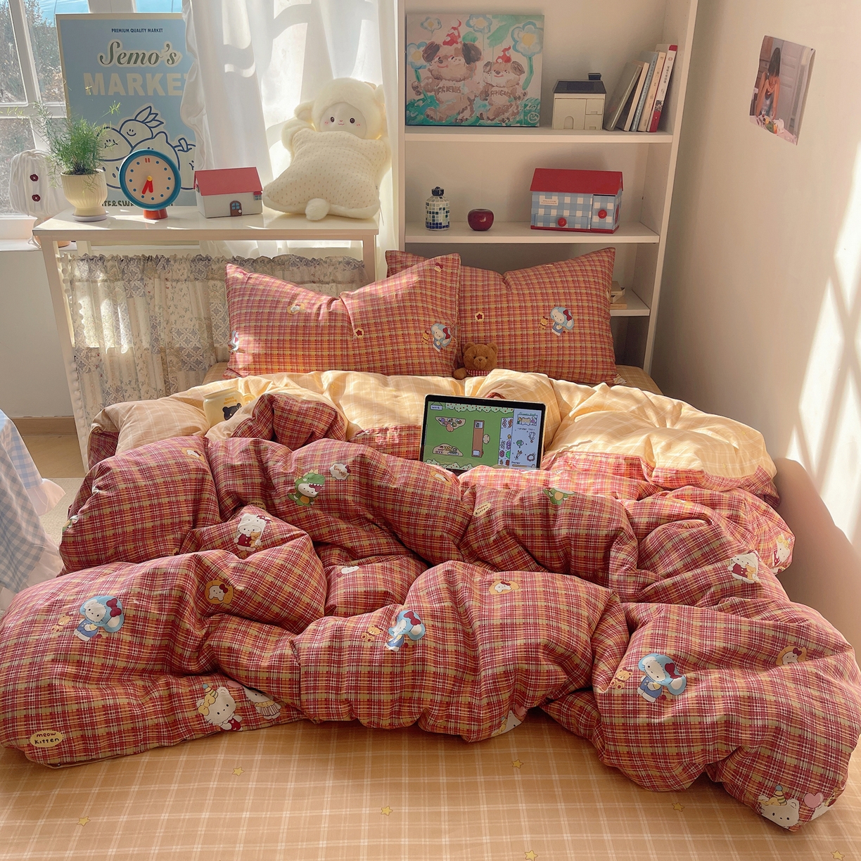 91家纺网 家纺一手货源 找家纺 耀悦家纺 2026新款40支a类全棉纯棉小清新卡通ins风博主风四件套 红格恐龙喵