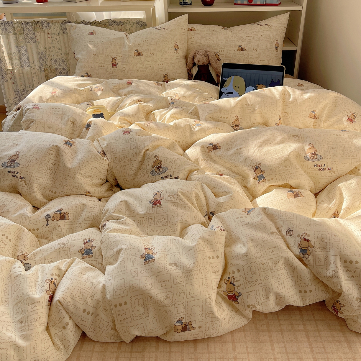 91家纺网 家纺一手货源 找家纺 耀悦家纺 2026新款40支a类全棉纯棉小清新卡通ins风博主风四件套 baby兔