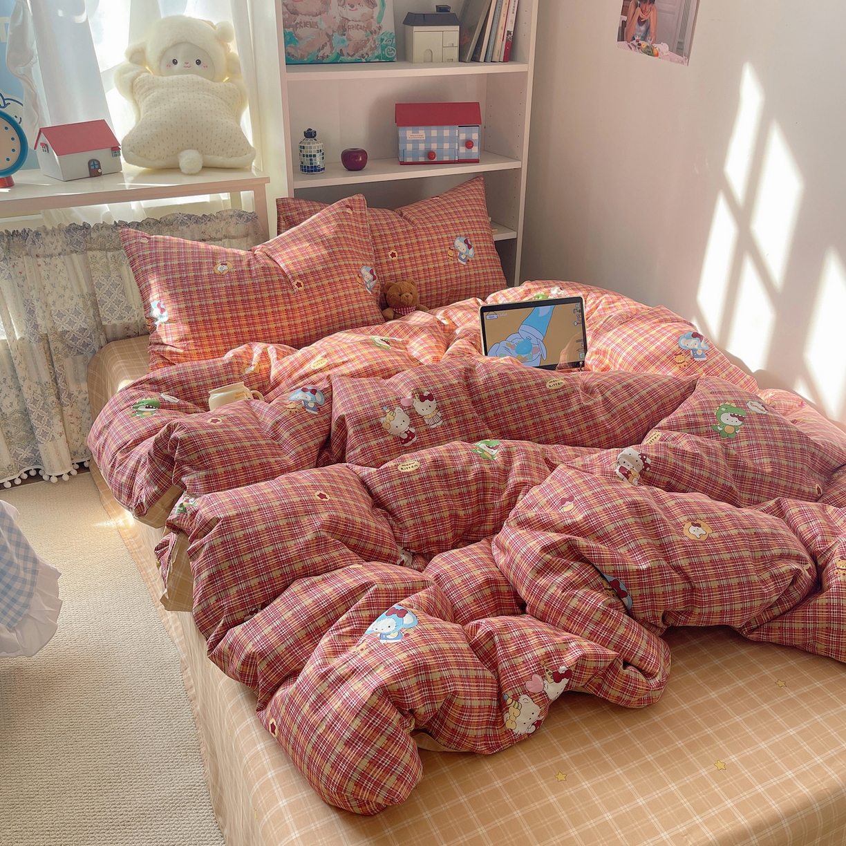 91家纺网 家纺一手货源 找家纺 耀悦家纺 2026新款40支a类全棉纯棉小清新卡通ins风博主风四件套 红格恐龙喵