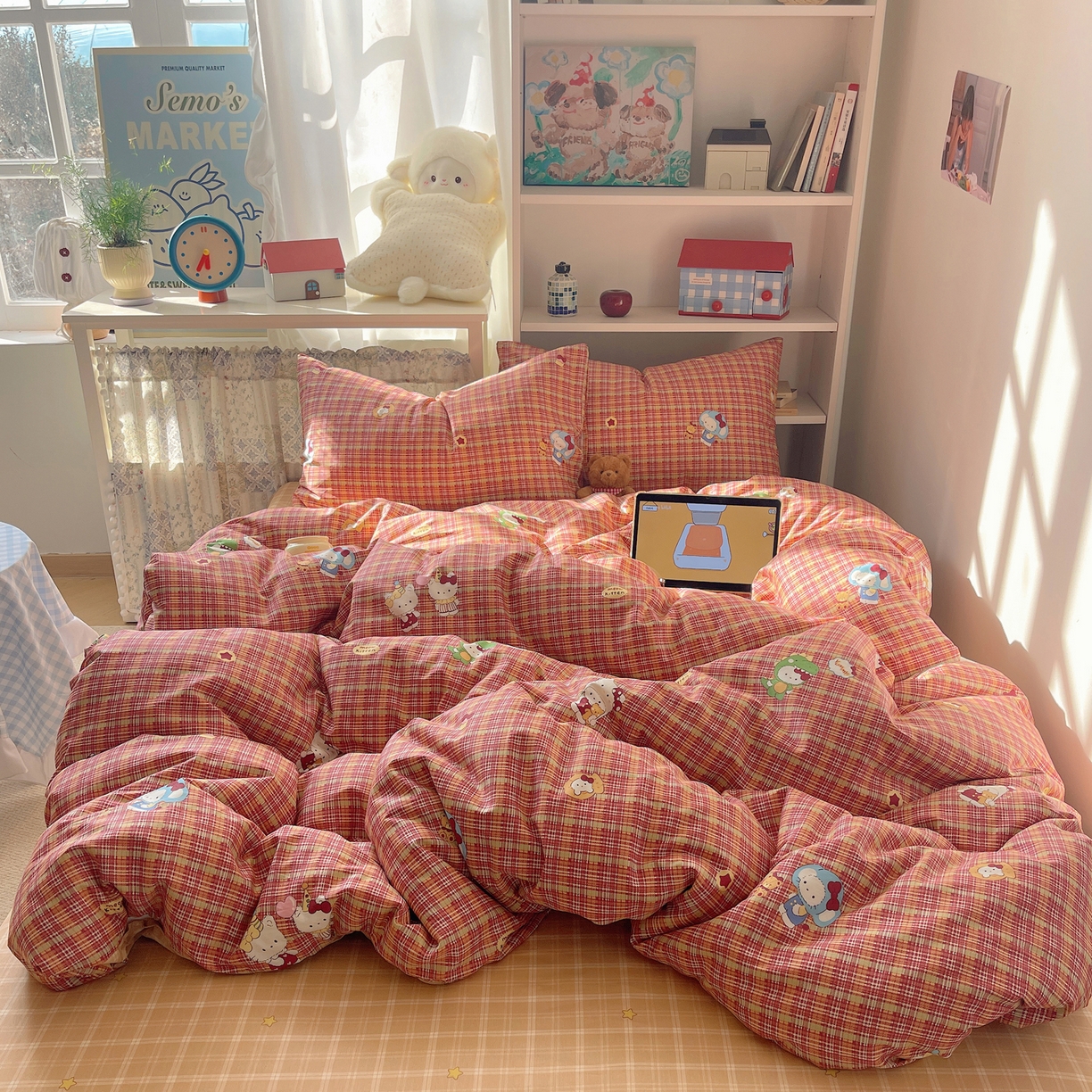 91家纺网 家纺一手货源 找家纺 耀悦家纺 2026新款40支a类全棉纯棉小清新卡通ins风博主风四件套 红格恐龙喵