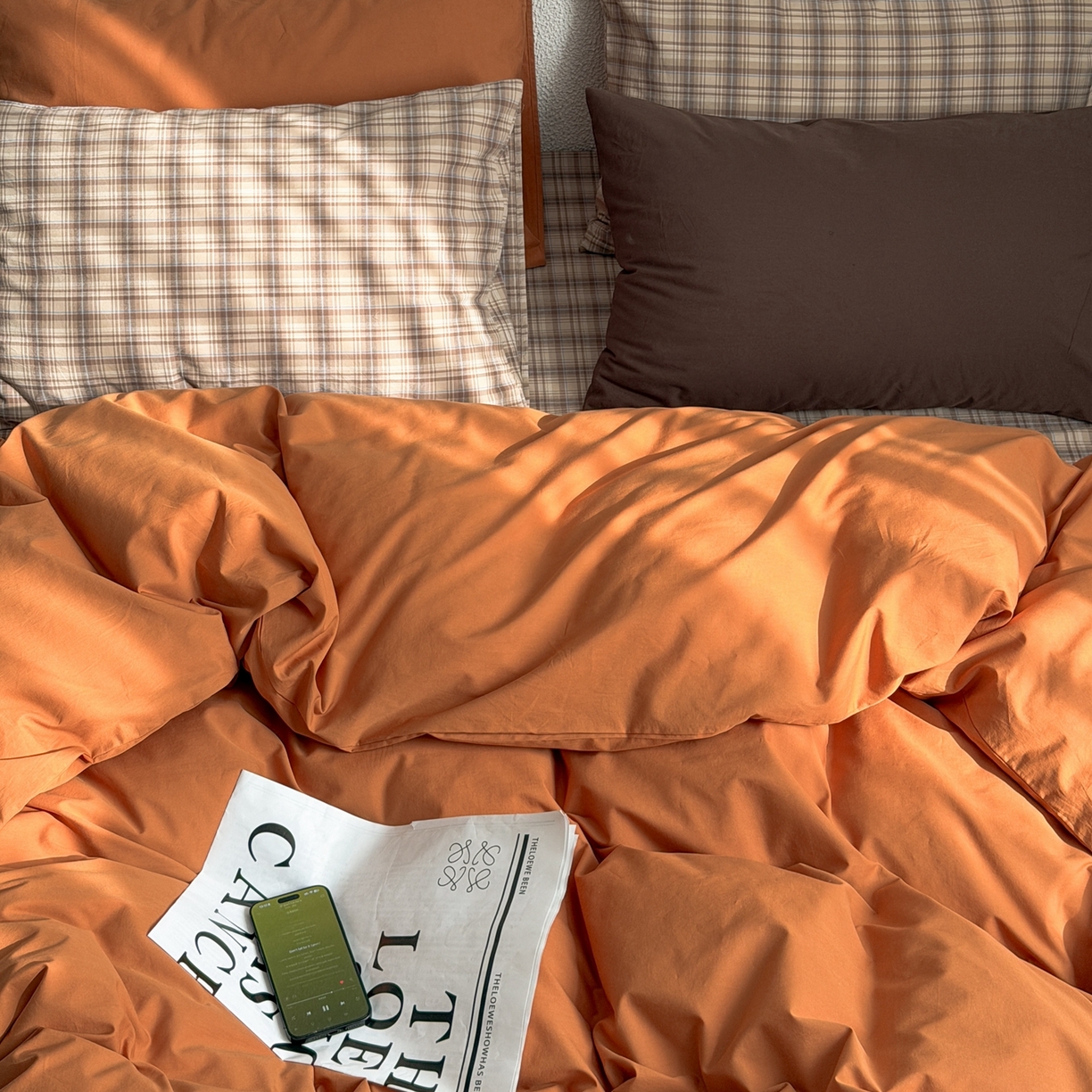 91家纺网 家纺一手货源 找家纺 蜜宿 2026新款全棉纯棉40s水洗棉四件套-橘子茶 橘子茶（枕套格纹）